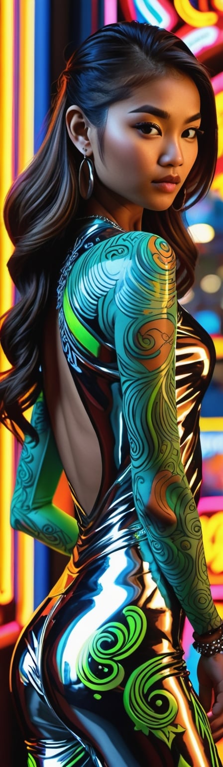 "Design an artwork featuring a girl of Western Asian descent with reflective body art influenced by Dave Whamond's concepts. Add slow-motion charm with cinematic rear views, creating a unique and reflective scene within this mesmerizing and artistically detailed portrayal."
,Leonardo Style,neon photography style