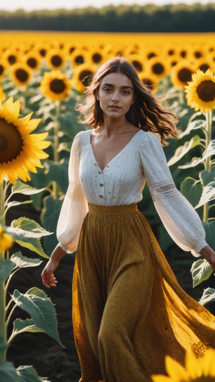 Natalia in a **bohemian outfit**, in motion, twirling in a **sunflower field**, shot in a **cinematic style**.
,LuciaCSDLN