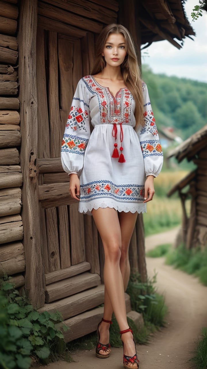 **Model in a traditional Ukrainian vyshyvanka** in a rustic village setting, with a zoom-in on the intricate embroidery.
,Long Legs and Hot Body,more detail XL,alanaxl, CindyR