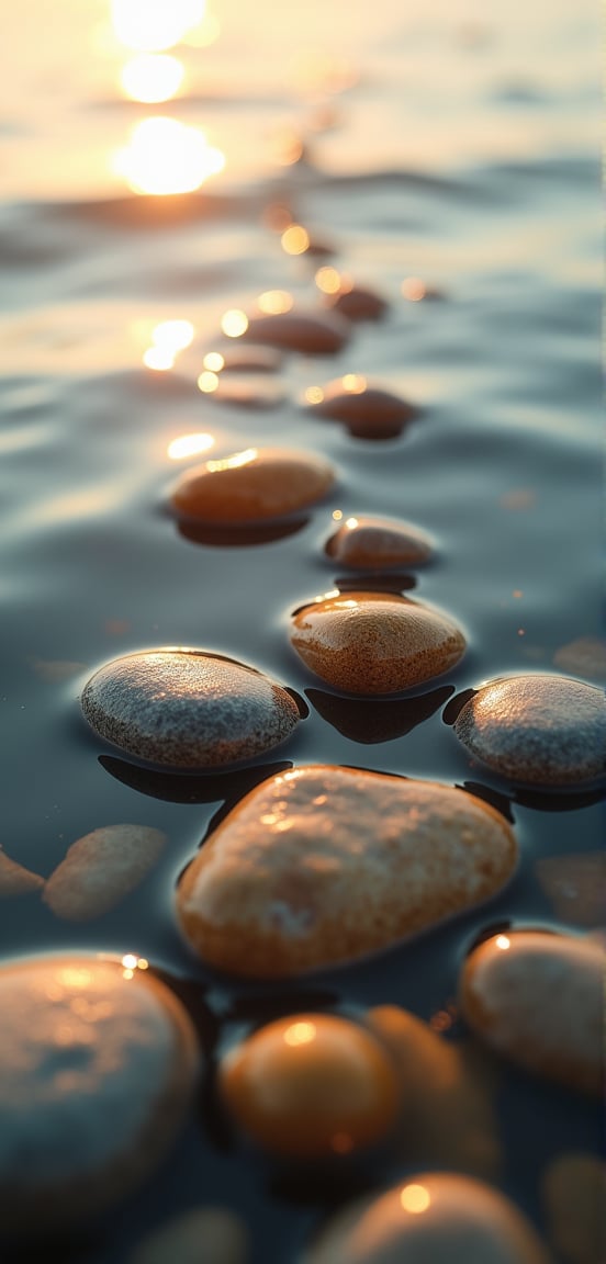 A tranquil seascape: A macro shot of golden pebbles scattered across the surface of calm waters, gentle ripples radiating outward from the center, warm sunlight casting a soft glow, and a subtle focus on the stones' intricate details.