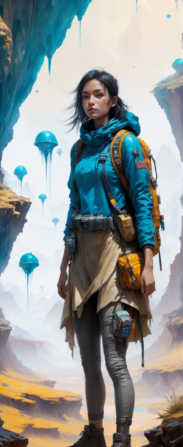 Concept Art: Sci-Fi Girl Explorer**: A digital concept art piece featuring a girl exploring an otherworldly landscape, highly detailed.
,on parchment,dripping paint