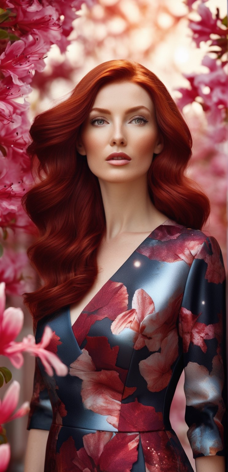 A very beautiful, dark red-haired, stylish woman with eyes reflecting the planet Earth, with an artistic pattern on her dress and the best face features,
 against the background of falling azalea petals, in a four-dimensional, photorealistic space 
,close up,make_3d