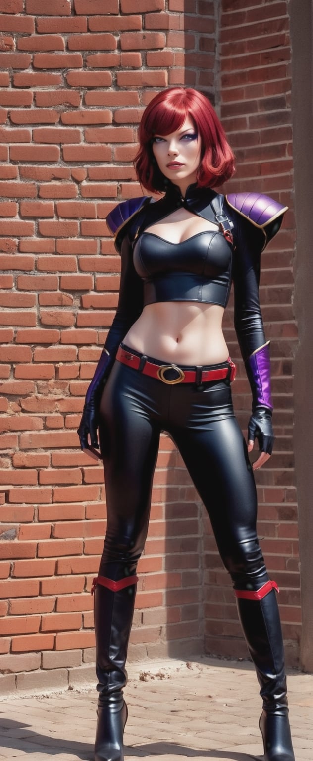 a woman with red hair standing next to a brick wall,  featured on deviantart,  cobra by ❤️❤️ ac@d8888 ❤️❤️ on Tensor.Art