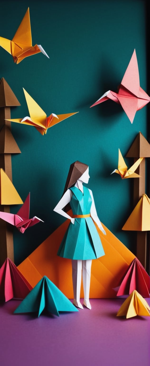 Origami Adventure with a Girl**: A beautifully folded origami girl set in a captivating and centered composition.
,flat design