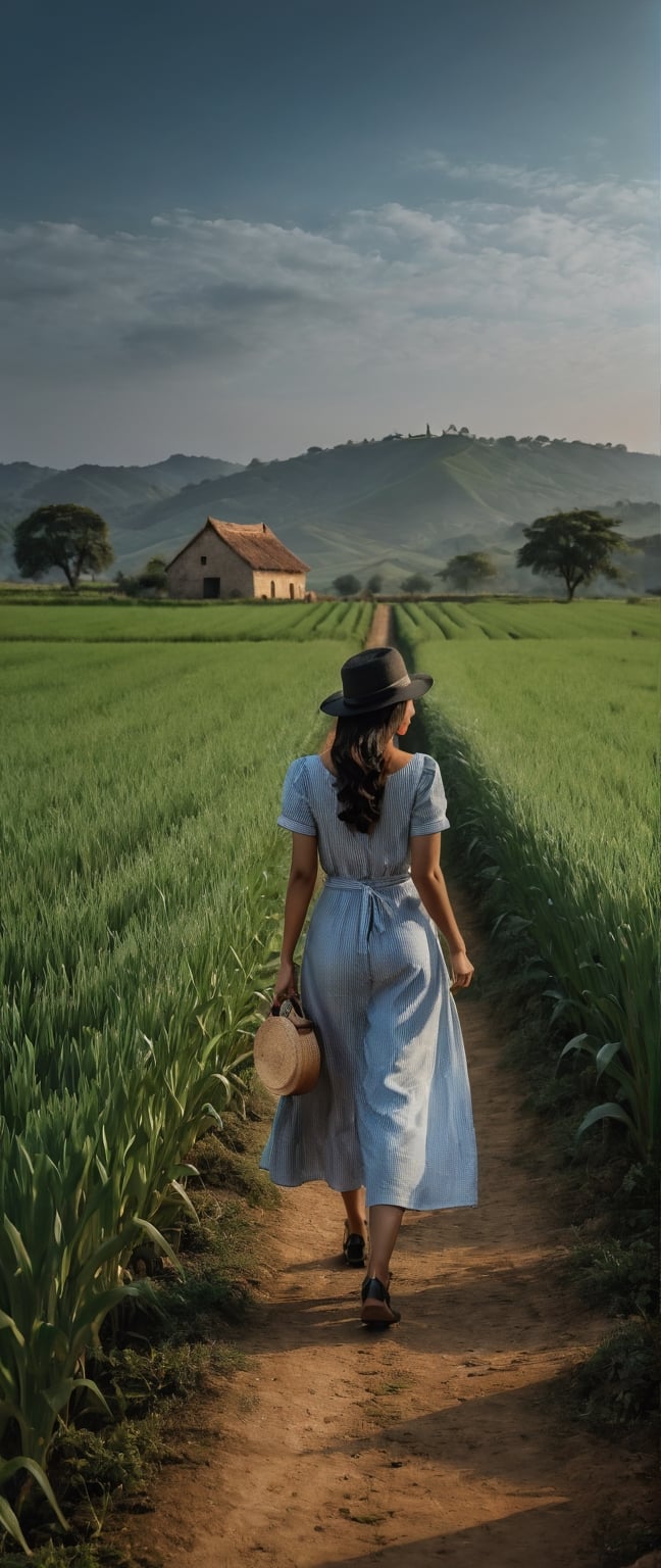 *Countryside Serenity:**
    In the serene expanse of the countryside, a woman walks with elegance, captured by a Fujifilm XT3. The ultra-HD resolution showcases the natural beauty of the landscape, and the cinematic lighting adds a hyperrealistic touch to this tranquil rural scene.
,Leonardo style 