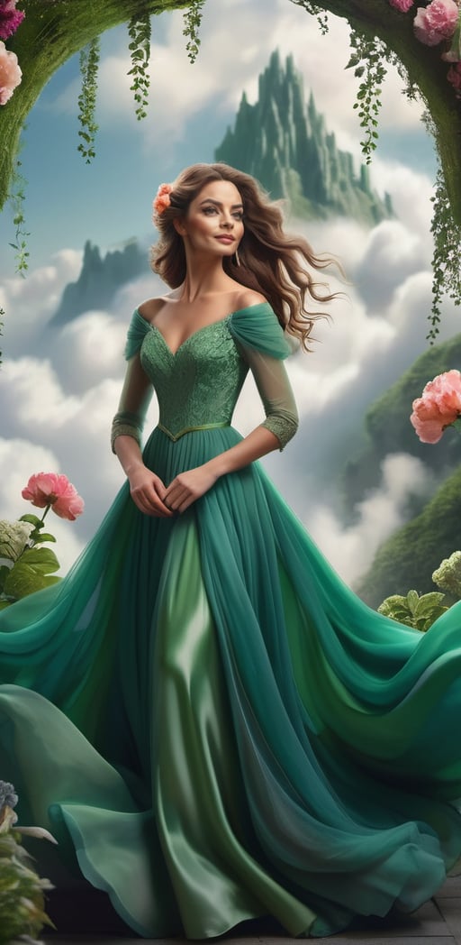 A whimsical scene unfolds: a woman dons a flowing green gown as she stands confidently on a fluffy white cloud,  the soft...