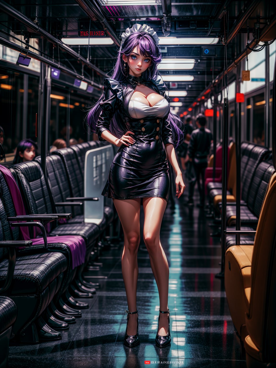 ((full body, standing):1.5), {(1woman)}, {((wearing black maid outfit with white parts, extremely tight and tight on the body)), looking at the viewer, furious, (( extremely large breasts)), ((purple hair, bright blue eyes)), ((striking an extremely sexual pose))}, {((on a moving train, daylight, crowded with people, people sitting, people of different ethnicities))}, 16k, best quality, best resolution, best sharpness, ultra detailed