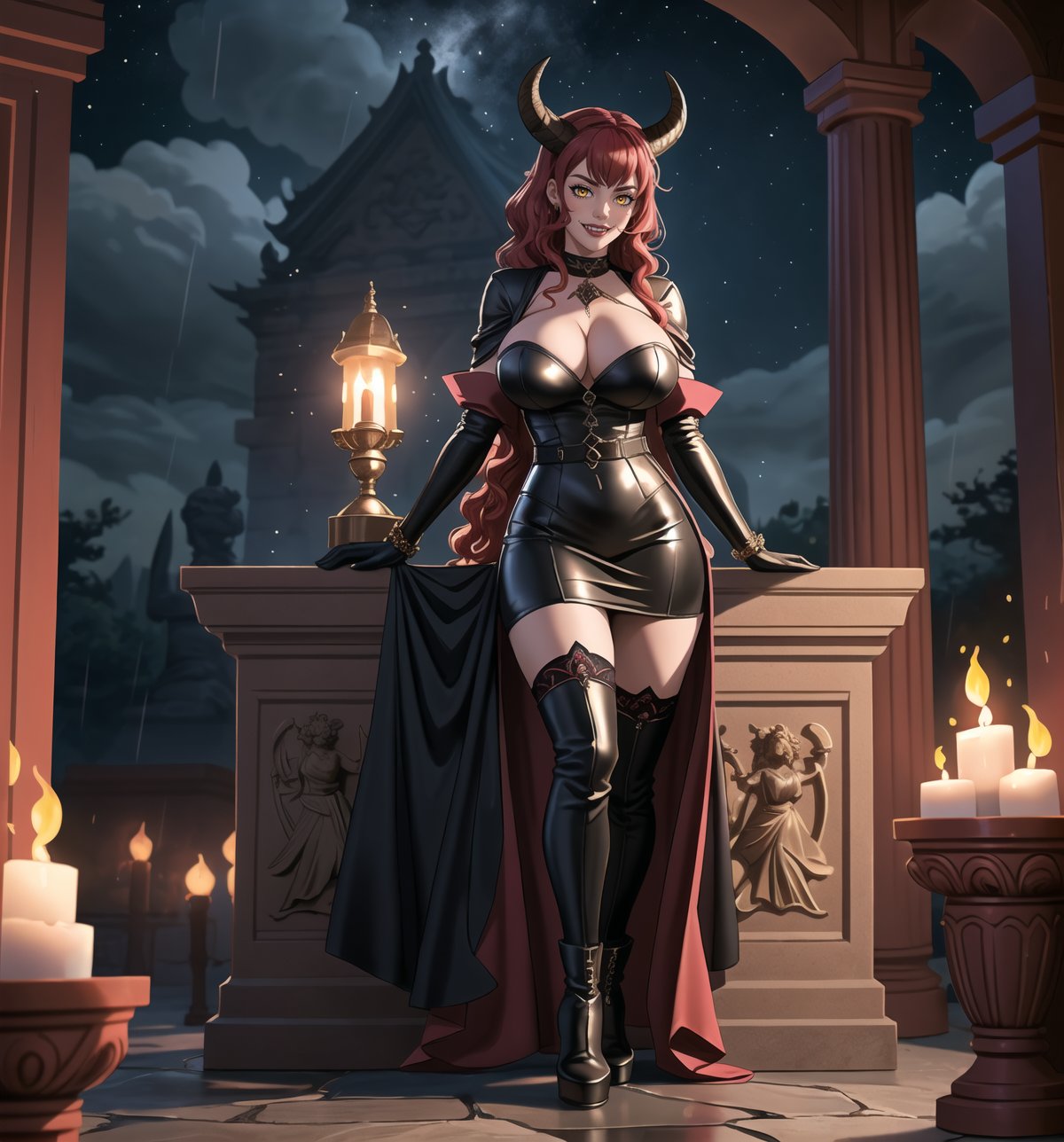 An ultra-detailed 16K masterpiece featuring fantasy, gothic and sensual styles, rendered in ultra-high resolution with realistic details. | A young 23-year-old woman, with huge breasts, wearing a devilish warrior costume consisting of black leather armor with red details, a short black leather dress with red details, black leather knee-high boots, black leather gloves, black leather and demon horns on the head. Her long red hair, styled in a wavy cut, has shiny strands that reflect the torchlight. Her yellow eyes look at the viewer with a seductive expression, smiling and showing her teeth. Located in a macabre temple at night, with dark stone structures, marble columns and demon sculptures. Heavy rain falls, creating a rhythmic sound as it hits the stone floor. Lighted torches illuminate the place, casting dancing shadows on the temple walls. A stone altar, statues of demon warriors, and ancient vases adorn the scene. | The image highlights the imposing figure of the young devilish warrior and the architectural elements of the temple. The dark stone structures, marble columns and demon sculptures, along with the warrior woman, altar, statues and ancient vases, create a frightening and seductive environment. Thunder in the night sky illuminates the scene, creating dramatic shadows and highlighting the details of the scene. | Soft, moody lighting effects create a relaxing and mysterious atmosphere, while rough, detailed textures on structures and costume add realism to the image. | A relaxing and terrifying scene of a young devilish warrior in a macabre temple, fusing elements of gothic art, fantasy and sensuality. | (((The image reveals a full-body shot as the young woman assumes a sensual pose, engagingly leaning against a structure within the scene in an exciting manner. She takes on a sensual pose as she interacts, boldly leaning on a structure, leaning back and boldly throwing herself onto the structure, reclining back in an exhilarating way.))). | ((((full-body shot)))), ((perfect pose)), ((perfect arms):1.2), ((perfect limbs, perfect fingers, better hands, perfect hands, hands)), ((perfect legs, perfect feet):1.2), the young woman has ((perfect breasts, firm breasts, saggy breasts, huge breasts)), ((perfect design)), ((perfect composition)), ((very detailed scene, very detailed background, perfect layout, correct imperfections)), Enhance, Ultra details, More Detail, ((poakl))