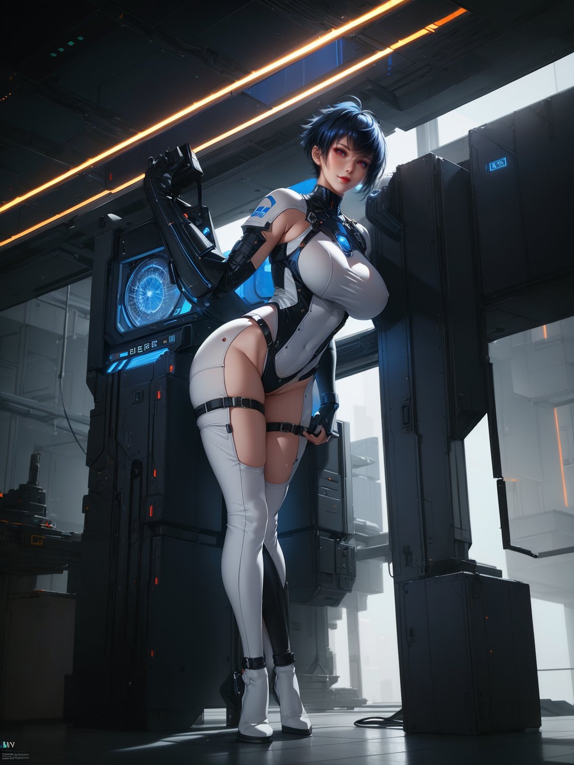 A woman, wearing white mech costume, black parts, extremely tight and tight on the body, gigantic breasts, very short blue hair, very messy hair, bangs in front of the eyes, ((((looking at the viewer, erotic pose interacting and leaning on an object)))), in a laboratory, machines, robots, tubes with lights, is daytime, city being shown through the window, ((full body):1.5). 16k, UHD, best possible quality, best possible detail, best possible resolution, ((Unreal Engine 5, professional photography, raw photo, masterpiece):1)