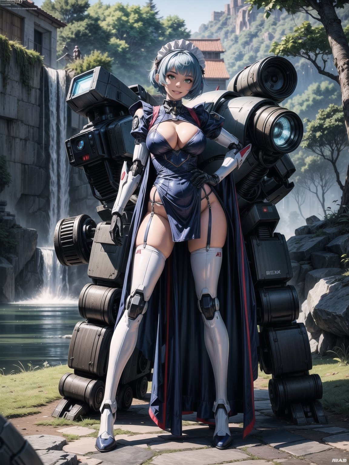 A woman, wearing a mecha outfit+cybernetic armor coat+futuristic costume, a white costume with blue parts, cybernetic helmet with colored visor, gigantic breasts, light blue hair, extremely short hair, hair with bangs in front of her eyes, ((looking at the viewer)), (((sensual pose+Interacting+leaning on anything+object+leaning against))), in a forest with waterfall, with large structures, altars with Ancient Writings, robots, robotic machines, 16K, UHD, ((full body)), Unreal Engine 5, quality max, max resolution, ultra-realistic, ultra-detailed, maximum sharpness, ((perfect_hands)), ((perfect_legs)), Goodhands-beta2, ((mecha+maid costume))