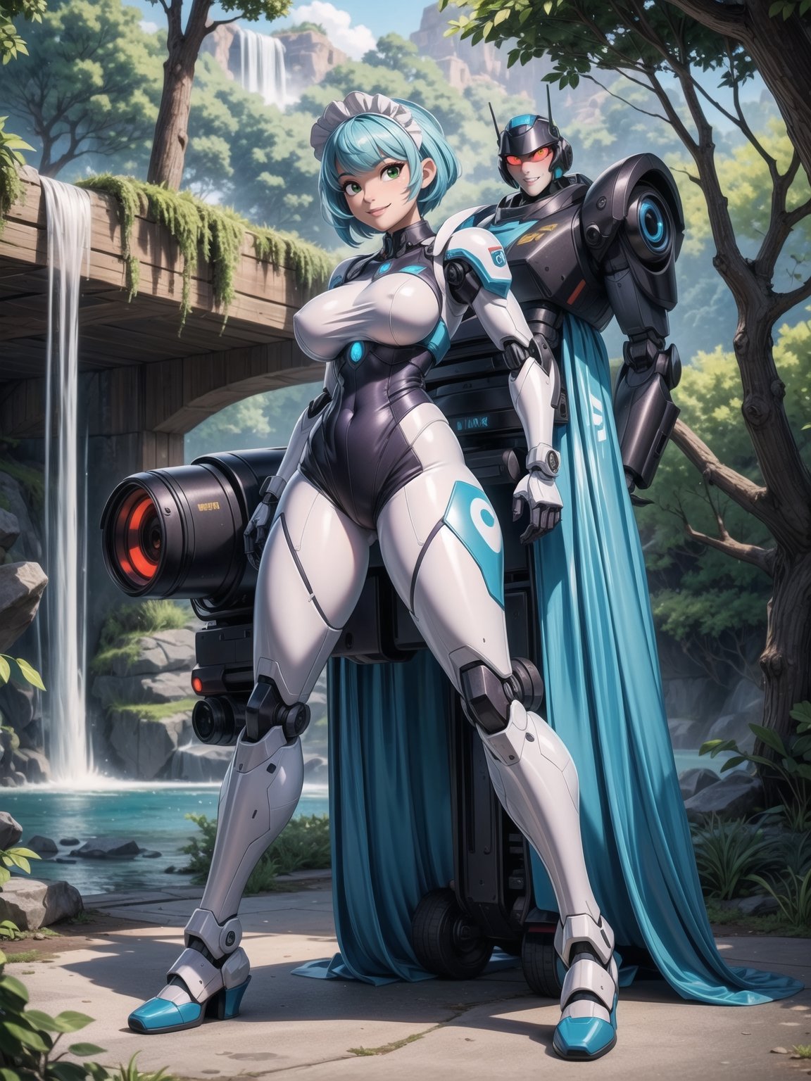 A woman, wearing a mecha outfit+cybernetic armor coat+futuristic costume, a white costume with blue parts, cybernetic helmet with colored visor, gigantic breasts, light blue hair, extremely short hair, hair with bangs in front of her eyes, ((looking at the viewer)), (((sensual pose+Interacting+leaning on anything+object+leaning against))), in a forest with waterfall, with large structures, altars with Ancient Writings, robots, robotic machines, 16K, UHD, ((full body)), Unreal Engine 5, quality max, max resolution, ultra-realistic, ultra-detailed, maximum sharpness, ((perfect_hands)), ((perfect_legs)), Goodhands-beta2, ((mecha+maid costume))