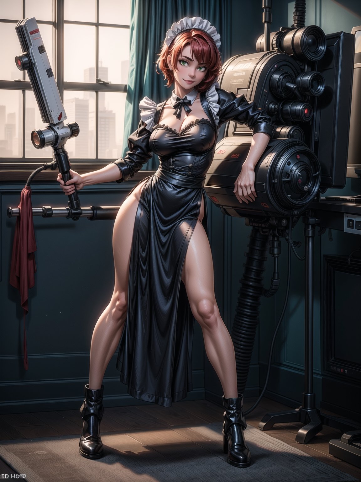 A woman,  wearing ((wearing black maid clothes with blank parts + mecha costume)),  very short hair by ZeroTwo on Tensor.Art