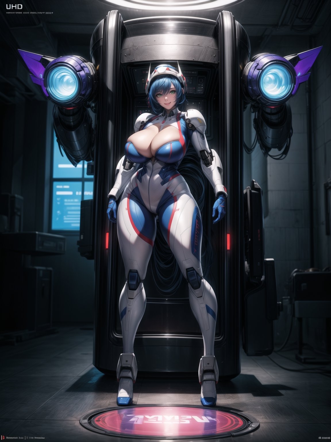 A woman, wearing ((white mecha suit with blue metallic couplings, gigantic breasts, helmet with transparent colored visor)), very short hair, blue hair, messy hair, hair with bangs in front of her eyes, (((looking at the viewer, sensual pose with interaction and leaning on anything+object+on something+leaning against+leaning against))) in a secret laboratory, with many computers, plasma TV, energy fusion machines, window showing an army of aliens, ((full body):1.5); 16K, UHD, unreal engine 5, quality max, max resolution, ultra-realistic, ultra-detailed, maximum sharpness, ((perfect_hands): 1), Goodhands-beta2, [super metroid]+((mecha))+[[Iron Man]]