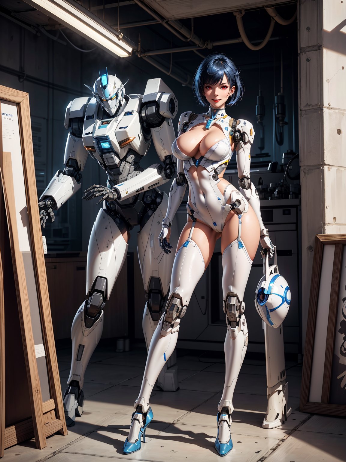 A woman, white suit with black parts, robotic body parts, very large breasts, blue hair, short hair, hair with bangs in front of her eyes, helmet on her head, looking at the viewer, (((erotic pose interacting and leaning [on something|on an object]))), in a laboratory in the sky with various vehicles, machines, robots, ((full body):1.5), 16k, UHD, best possible quality, ultra detailed, best possible resolution, Unreal Engine 5, professional photography, well-detailed fingers, well-detailed hand, perfect_hands, ((mecha style)), ((robot style))