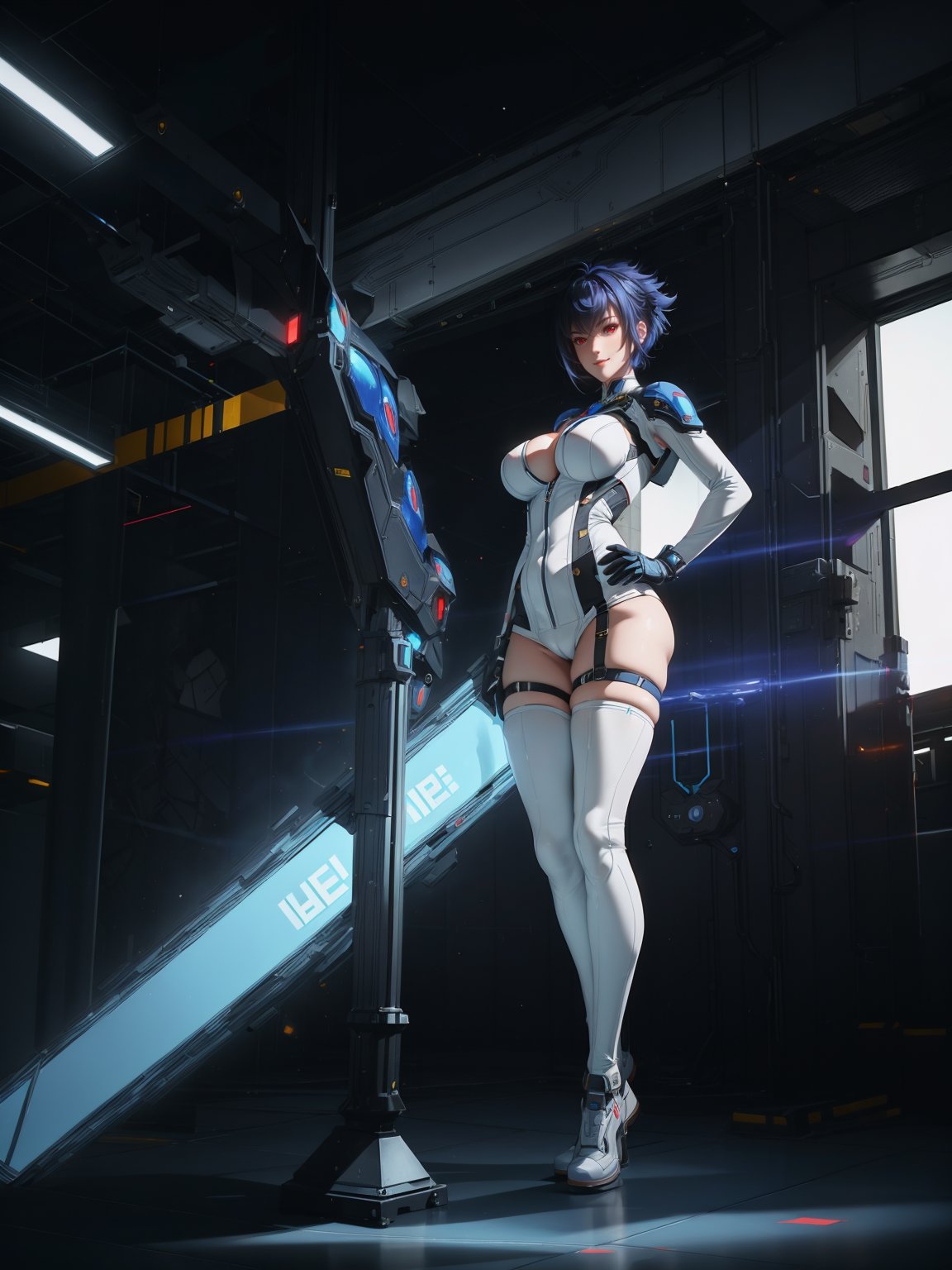 A woman, wearing white mech costume, black parts, extremely tight and tight on the body, gigantic breasts, very short blue hair, very messy hair, bangs in front of the eyes, ((((looking at the viewer, erotic pose interacting and leaning on an object)))), in a laboratory, machines, robots, tubes with lights, is daytime, city being shown through the window, ((full body):1.5). 16k, UHD, best possible quality, best possible detail, best possible resolution, ((Unreal Engine 5, professional photography, raw photo, masterpiece):1), Super Metroid