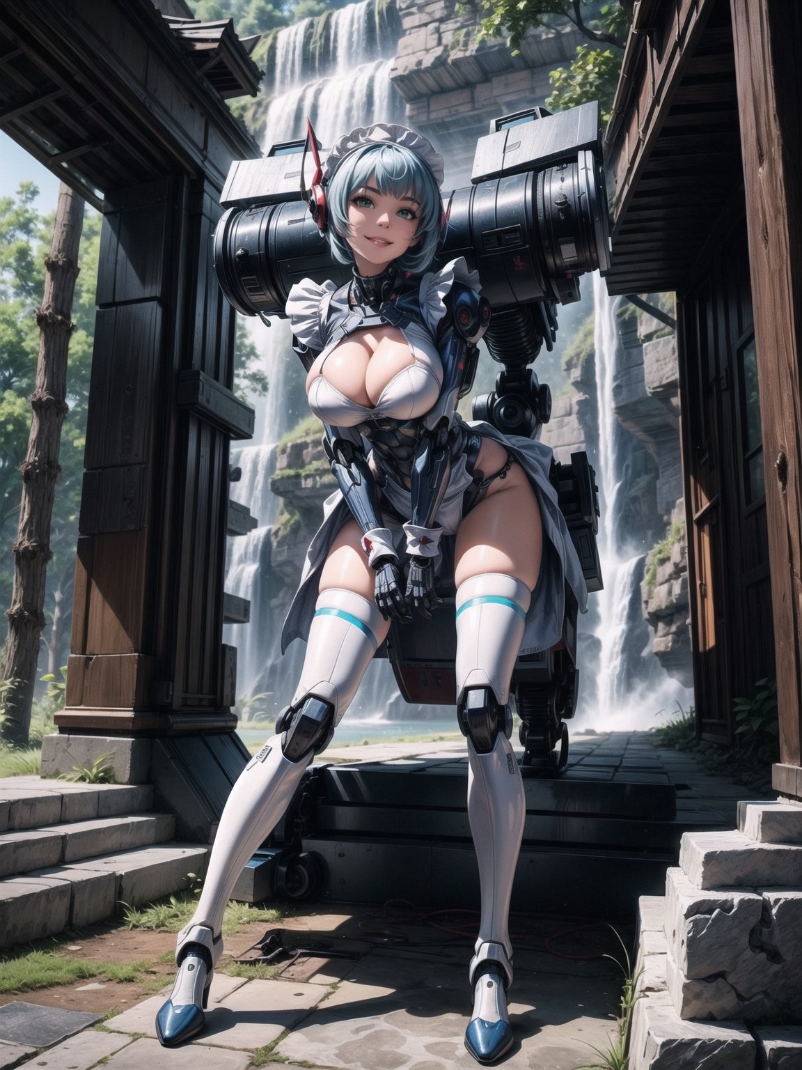 A woman, wearing a mecha outfit+cybernetic armor coat+futuristic costume, a white costume with blue parts, cybernetic helmet with colored visor, gigantic breasts, light blue hair, extremely short hair, hair with bangs in front of her eyes, ((looking at the viewer)), (((sensual pose+Interacting+leaning on anything+object+leaning against))), in a forest with waterfall, with large structures, altars with Ancient Writings, robots, robotic machines, 16K, UHD, ((full body)), Unreal Engine 5, quality max, max resolution, ultra-realistic, ultra-detailed, maximum sharpness, ((perfect_hands)), ((perfect_legs)), Goodhands-beta2, ((mecha+maid costume))