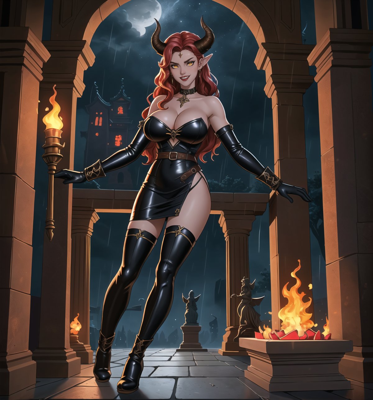 An ultra-detailed 16K masterpiece featuring fantasy, gothic and sensual styles, rendered in ultra-high resolution with realistic details. | A young 23-year-old woman, with huge breasts, wearing a devilish warrior costume consisting of black leather armor with red details, a short black leather dress with red details, black leather knee-high boots, black leather gloves, black leather and demon horns on the head. Her long red hair, styled in a wavy cut, has shiny strands that reflect the torchlight. Her yellow eyes look at the viewer with a seductive expression, smiling and showing her teeth. Located in a macabre temple at night, with dark stone structures, marble columns and demon sculptures. Heavy rain falls, creating a rhythmic sound as it hits the stone floor. Lighted torches illuminate the place, casting dancing shadows on the temple walls. A stone altar, statues of demon warriors, and ancient vases adorn the scene. | The image highlights the imposing figure of the young devilish warrior and the architectural elements of the temple. The dark stone structures, marble columns and demon sculptures, along with the warrior woman, altar, statues and ancient vases, create a frightening and seductive environment. Thunder in the night sky illuminates the scene, creating dramatic shadows and highlighting the details of the scene. | Soft, moody lighting effects create a relaxing and mysterious atmosphere, while rough, detailed textures on structures and costume add realism to the image. | A relaxing and terrifying scene of a young devilish warrior in a macabre temple, fusing elements of gothic art, fantasy and sensuality. | (((The image reveals a full-body shot as the young woman assumes a sensual pose, engagingly leaning against a structure within the scene in an exciting manner. She takes on a sensual pose as she interacts, boldly leaning on a structure, leaning back and boldly throwing herself onto the structure, reclining back in an exhilarating way.))). | ((((full-body shot)))), ((perfect pose)), ((perfect arms):1.2), ((perfect limbs, perfect fingers, better hands, perfect hands, hands)), ((perfect legs, perfect feet):1.2), the young woman has ((perfect breasts, firm breasts, saggy breasts, huge breasts)), ((perfect design)), ((perfect composition)), ((very detailed scene, very detailed background, perfect layout, correct imperfections)), Enhance, Ultra details, More Detail, ((poakl))