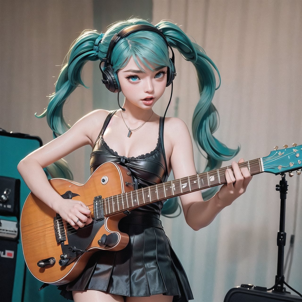 ((masterpiece, best quality))1girl, solo, black dress, blue eyes, electric guitar, guitar, headphones, double ponytail, holding, holding plectrum, instrument, long hair, music, one side up, teal hair, twin tails, playing guiter, pleated skirt, black shirt, interior