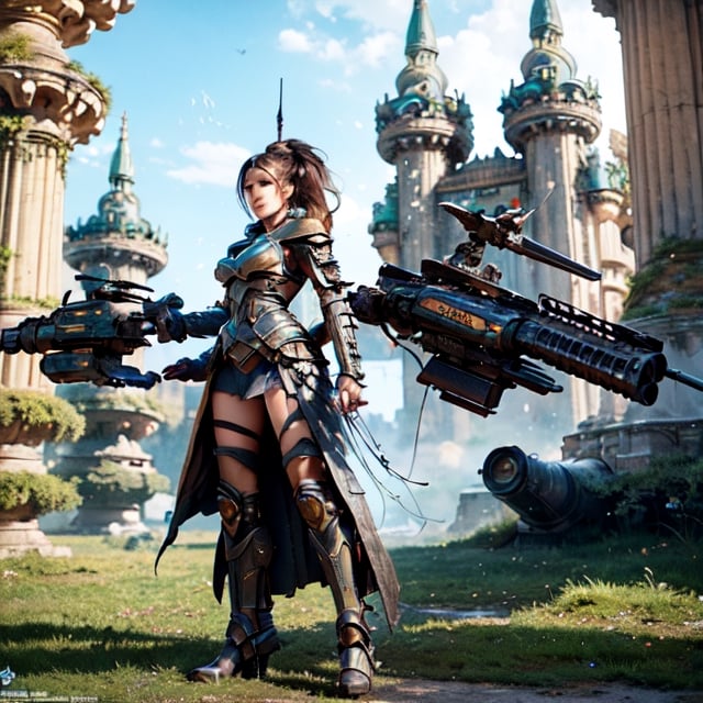 best quality,ultra-detailed,medieval sci-fi fusion,3D rendering,concept artists,portraits,detailed characters,ancient architecture,futuristic technology,mystical landscapes,epic battles,vivid colors,enchanted forests,alien creatures,magical artifacts,steampunk elements,warrior princess,hovering airships,advanced weaponry,giant mechanical dragons,mysterious ruins