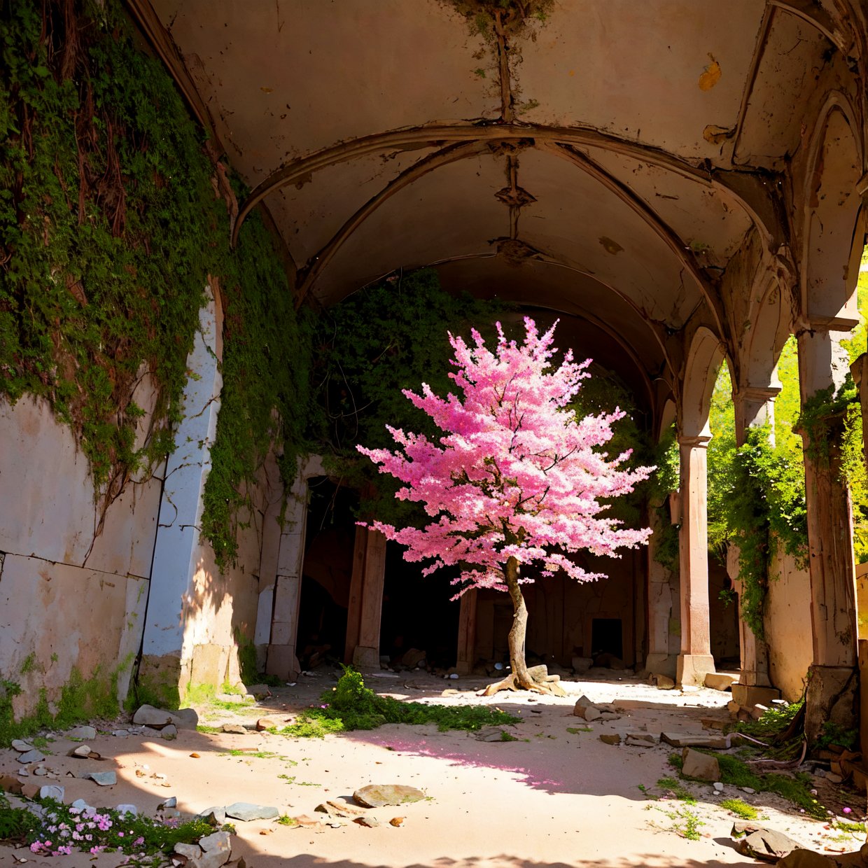 an amazing pink tree on a rock on the beach, in the style of realistic depiction of light, passage, faith-inspired art, abandoned spaces, light-filled scenes, immersive environments, flower and nature motifs --ar 14:25,girl