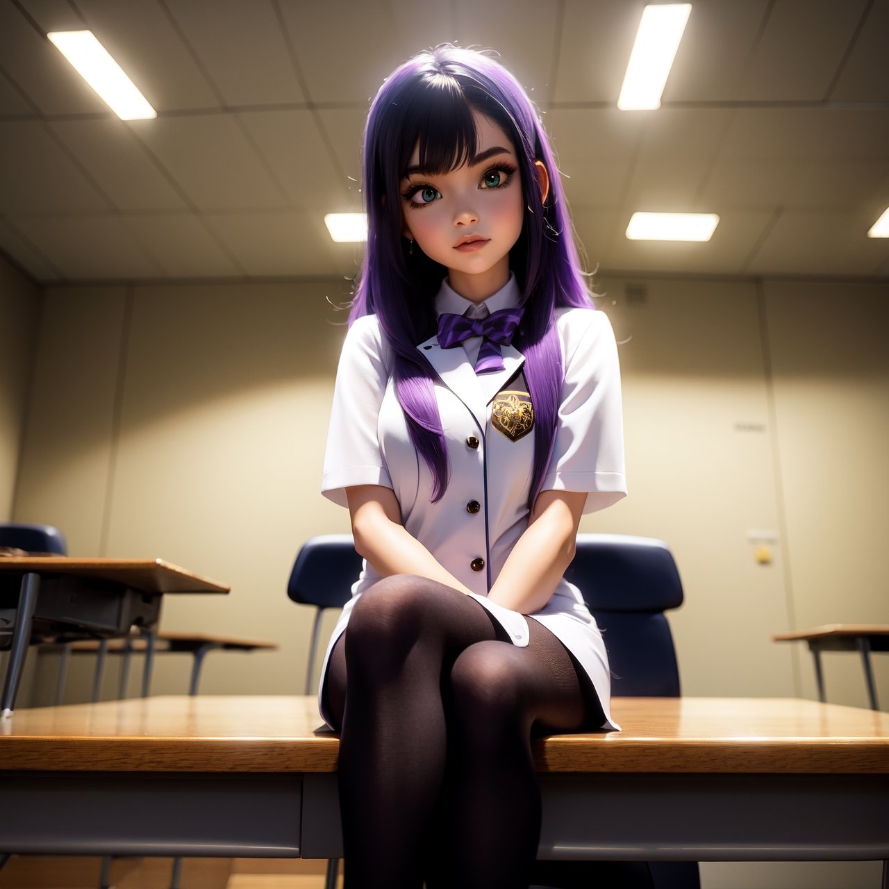 1girl, long midnight purple hair, golden light eyes, sit in class, white school modern uniform, anime