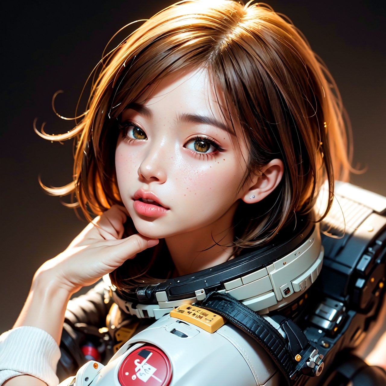 female astronaut j0rd7nj0n3s in space, beautiful face, realistic photo, (portrait), [smoke], [haze], natural lighting, shallow depth of field, photographed on a Canon EOS-1D X Mark III, 50mm lens, F/2.8, (intricately detailed, hyperdetailed), ((RAW color)), sharp focus, HDR, 4k resolution, Cinematic film