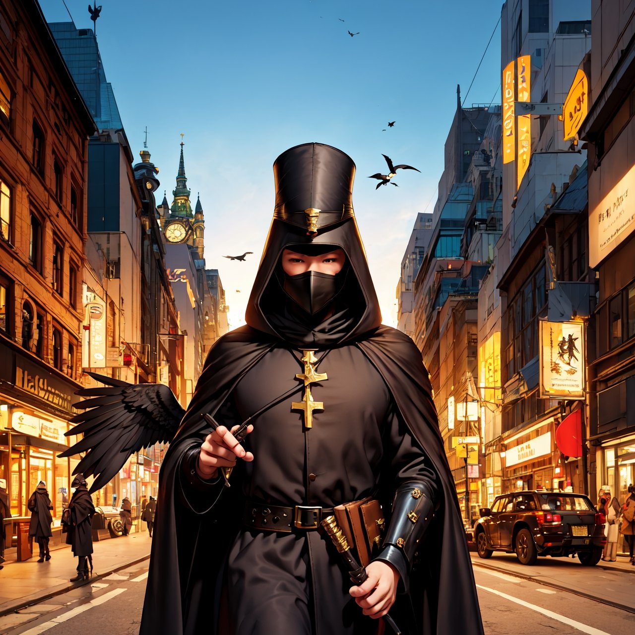 (masterpiece, best illustration,) medieval, beak mask, black robe, city background, doctor, masked, one person, clear, fine motor, wearing hat with brim, glasses, can&#39;t see eyes, hands parked crow