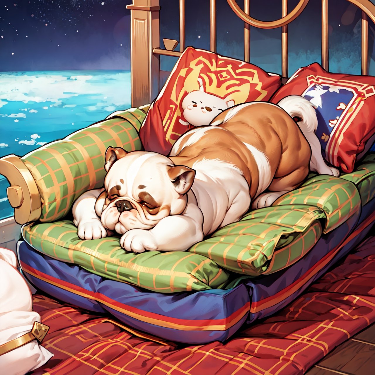 Bulldog sleeping in a king bed