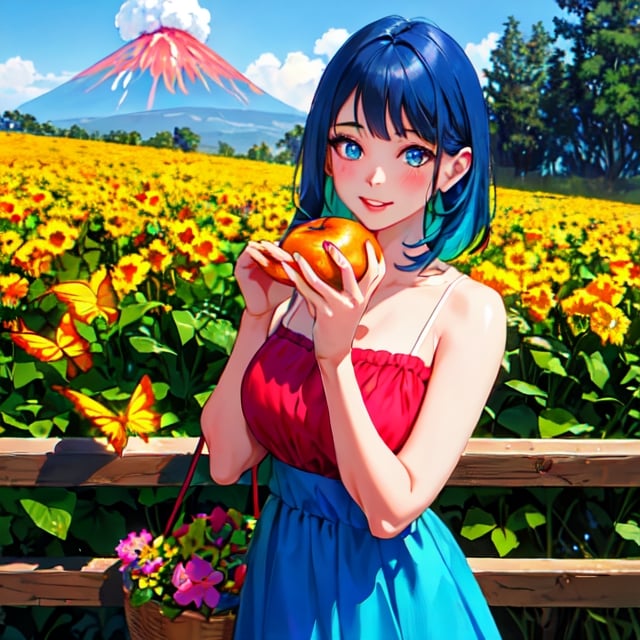 best quality, highres, ultra-detailed, realistic, vivid colors), a girl with a fruit dress, smiling with blue hair, and in the background an erupting volcano, (oil painting, large canvas), detailed eyes, detailed lips, dress made of vividly colored fruits, flowing blue hair, joyful expression, standing in a lush green garden, surrounded by vibrant flowers, holding a basket of ripe fruits, sunlight illuminating her face and casting beautiful shadows, butterflies fluttering around her, birds chirping in the distance, vibrant colors of the garden contrasting with the dark smoke and lava from the erupting volcano, creating a sense of tension and contrast in the scene, capturing the beauty and strength of nature, a harmonious blend of serenity and power, a masterpiece that captures the viewer's attention with its intricate details and vibrant colors.