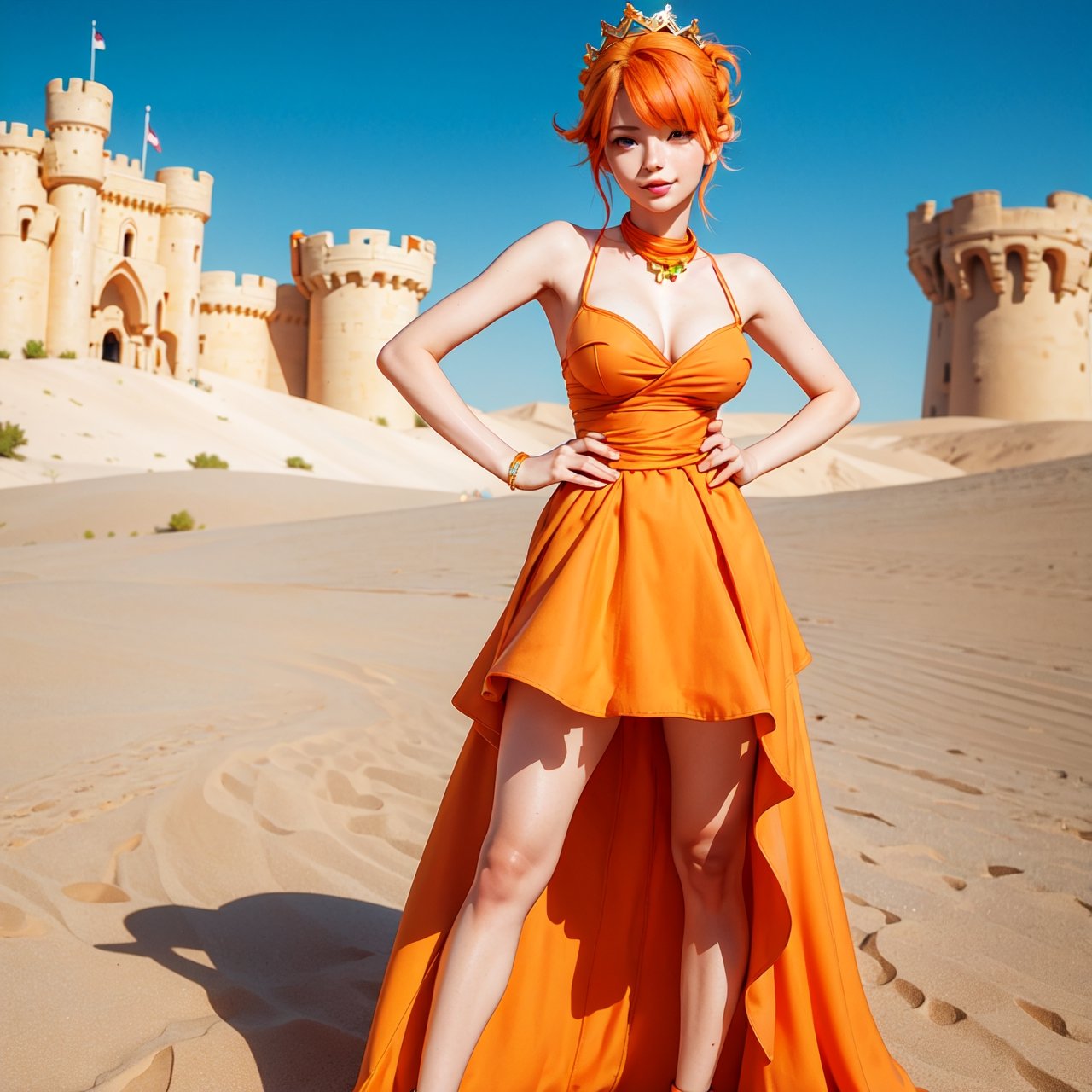 masterpiece, best quality, solo, 1girl, orange hair, blue hair, :D, orange dress, looking at viewer, outdoors, sand, sand dunes, huge castle, crown, standing, full body, cowboy shot, hands on hips,