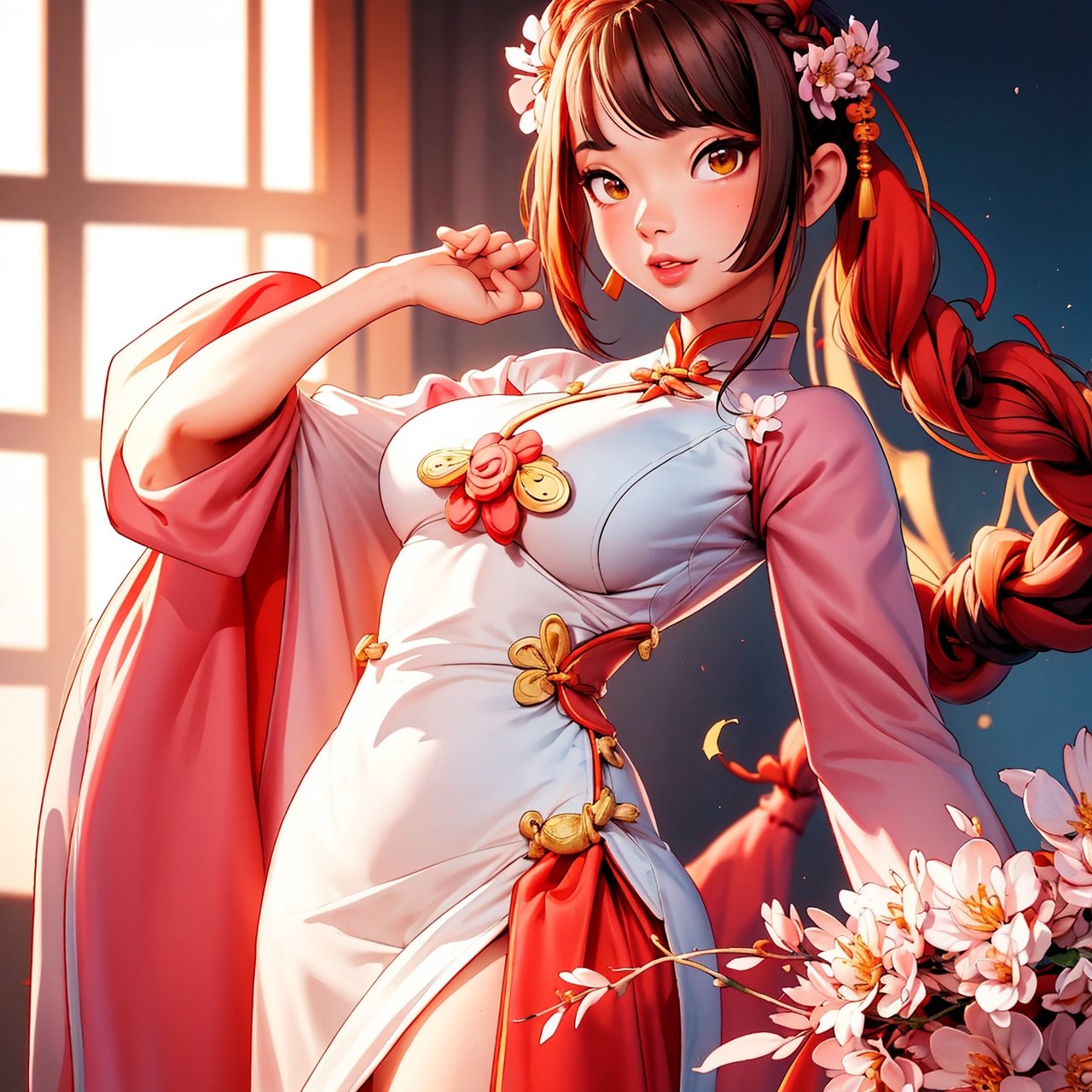 There is a cartoon little girl in dress, Chinese dress, hanbok apron, Chinese costume, Chinese traditional costume, close-up - view, hanbok, wearing ancient Chinese costume, with ancient Chinese costume, palace, a girl in Hanfu, white hanfu, cheongsam, wearing pink flowers Chiton, shadow room, light edge, two-tone lighting, (high detail skin: 1.2), 8k uhd, DSLR, soft light, high quality, volumetric lighting, sneak peek, photo, high resolution, 4k, 8k, Background bokeh