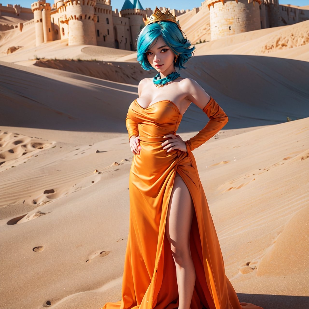 masterpiece, best quality, solo, 1girl, orange hair, blue hair, :D, orange dress, looking at viewer, outdoors, sand, sand dunes, huge castle, crown, standing, full body, cowboy shot, hands on hips,