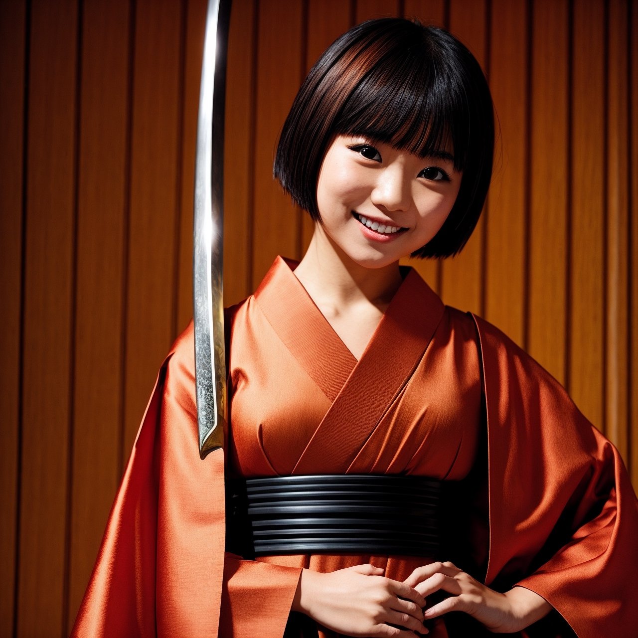 1girl, solo, japanese clothes, short hair, weapon, sword, brown eyes, looking at viewer, kimono, brown hair, lips, hand on hip, sheath, smile, katana, black hair, upper body, closed mouth, sheathed, hand up