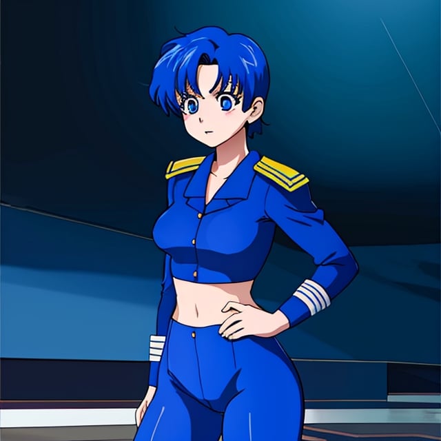 (masterpiece), (best quality), realistic, cinematic light, Mizuno Ami, Sailor Mercury, stand, battlefield background, perfect body, blue hair, uniform,animeTWO