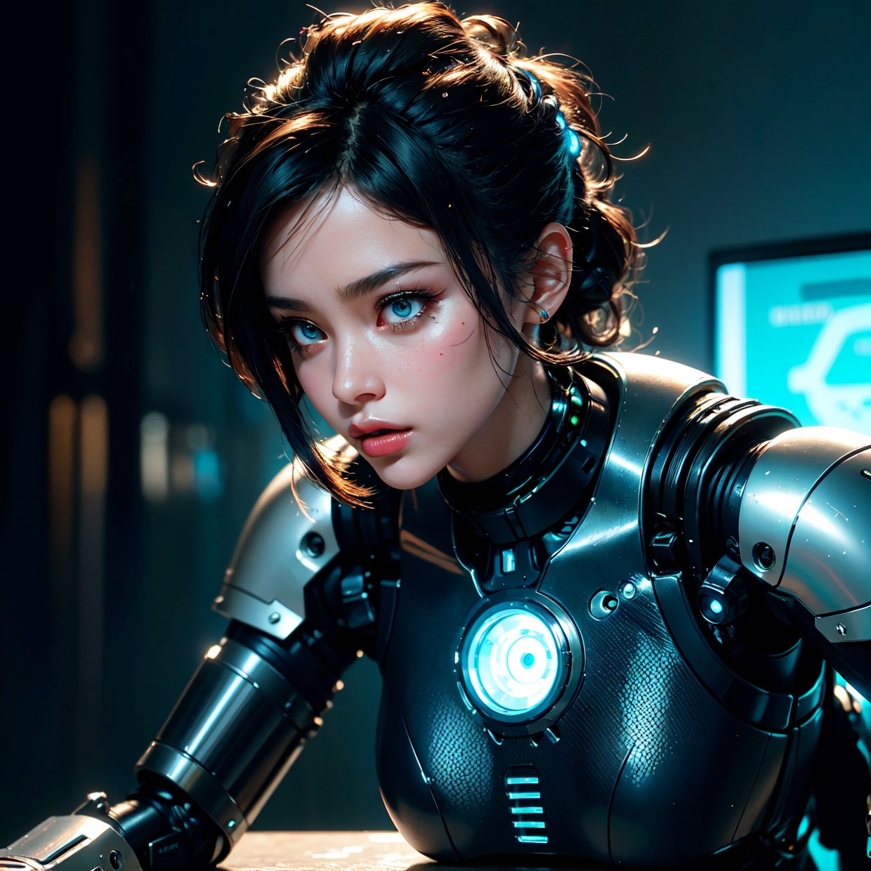 A liquid metal robot, android with futuristic cyberpunk design, highly detailed, intricate mechanical parts, glowing neon accents, reflective chrome surface, dynamic pose, industrial sci-fi background, cinematic lighting, photorealistic, 8k, best quality