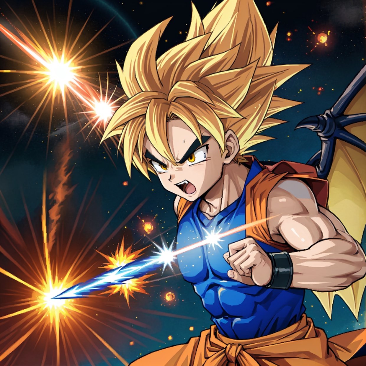 best quality,ultra-detailed,realistic,anime,Dragon Ball,super saiyan,goku,powerful energy blasts,fighting pose,floating in mid-air,intense battle scene,bright vibrant colors,dynamic action,ki aura,spiky hair,strong muscular physique,epic battle,explosions and destruction,surrounded by debris and dust,fierce expression,power level over 9000,flying rocks,mystical dragon,shenron,summoning dragon balls,seven orange glowing balls,emitting golden light,dragon's fiery breath,dragon scales and wings,fiery orange and yellow colors,epic power unleashed,cosmic energy,energy beam clashes,energy waves,star-filled sky,beaming with power and determination,high-intensity energy training,training montage,dragon radar,adventure and exploration,universe at stake,fighting against villains,superhuman strength and speed,fusion technique,teamwork and friendship,legendary transformation.