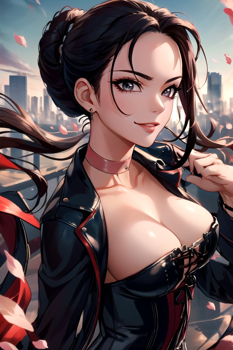 beautiful asian claraMorningstar, leather jacket, corset, smug, masterpiece, updo hair, choker, ultra-detailed, finely detailed, beautiful detailed eyes, sharp-focus, epic, upper_body, background is city skyline,horizon,wind blowing,petals blowing, action_pose, brown_eyes