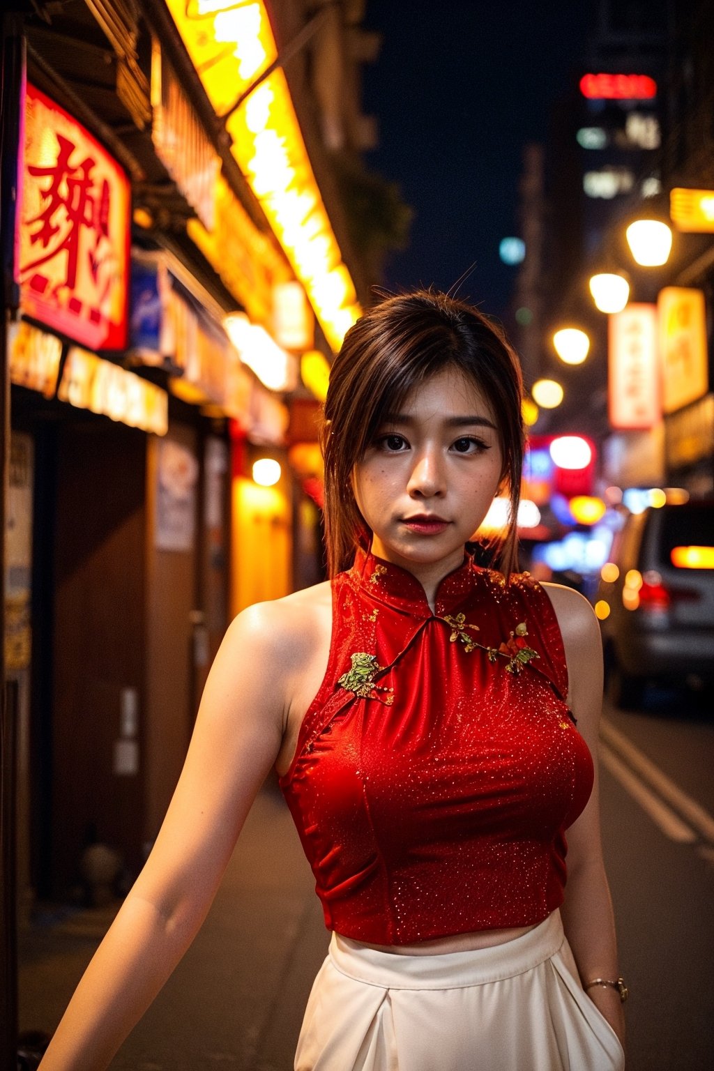 realism, bokeh, vintage, hong kong streets, night, street lights, ((red cheongsam))
