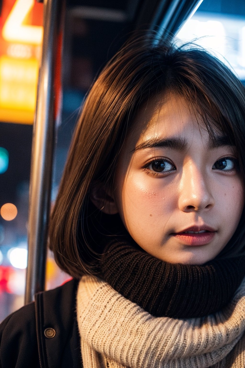 analog, realism, bokeh, vintage bus, hong kong streets, night, street lights, cardigan, scarf, closeup
