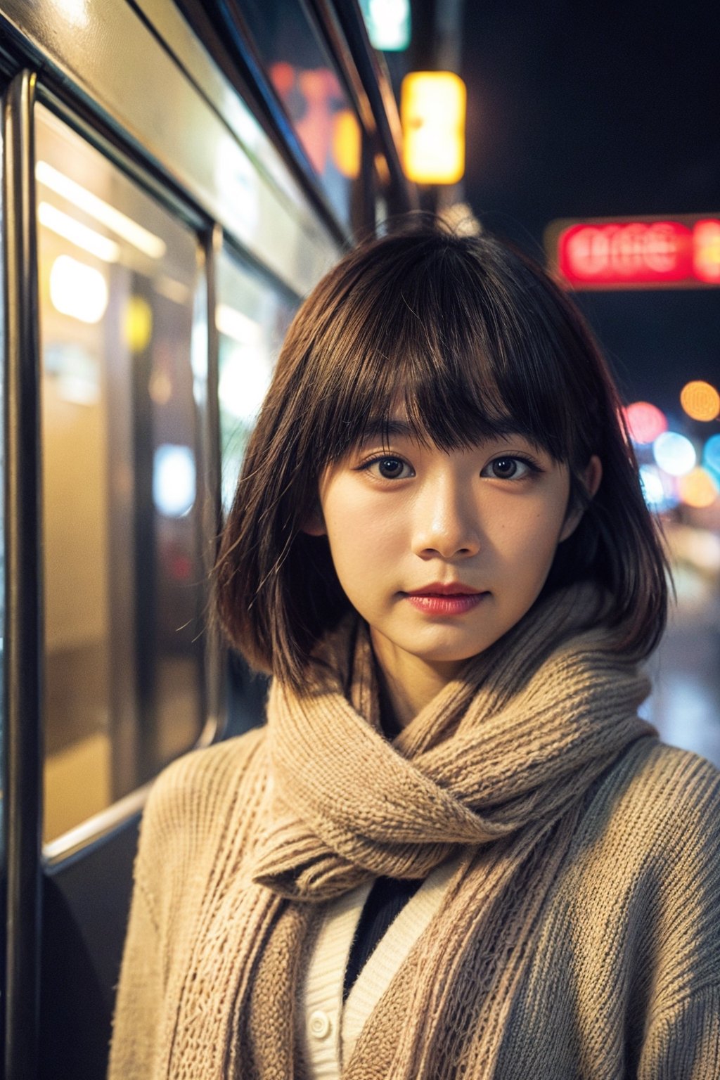 analog, realism, bokeh, vintage bus, hong kong streets, night, street lights, cardigan, scarf, closeup
