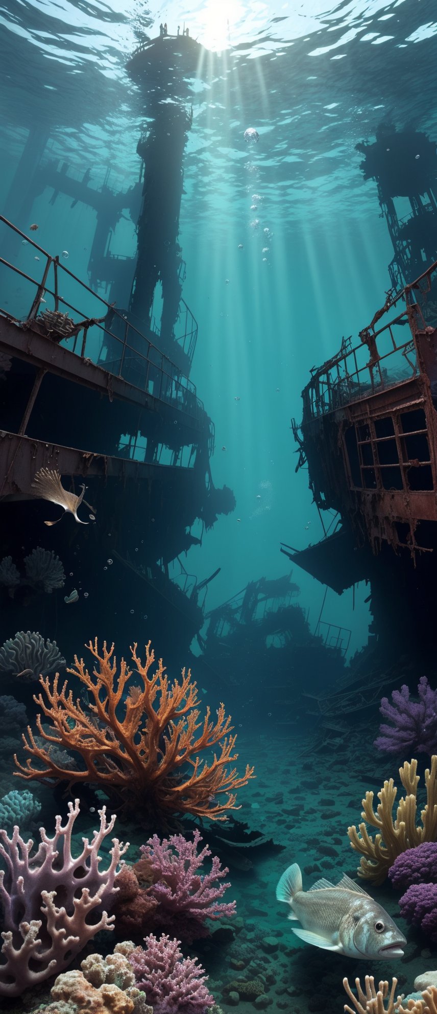 ((Underwater)),  a photograph of marine scientist divers studying the wreck of a ship,  the keel sinks to the bottom by HG...