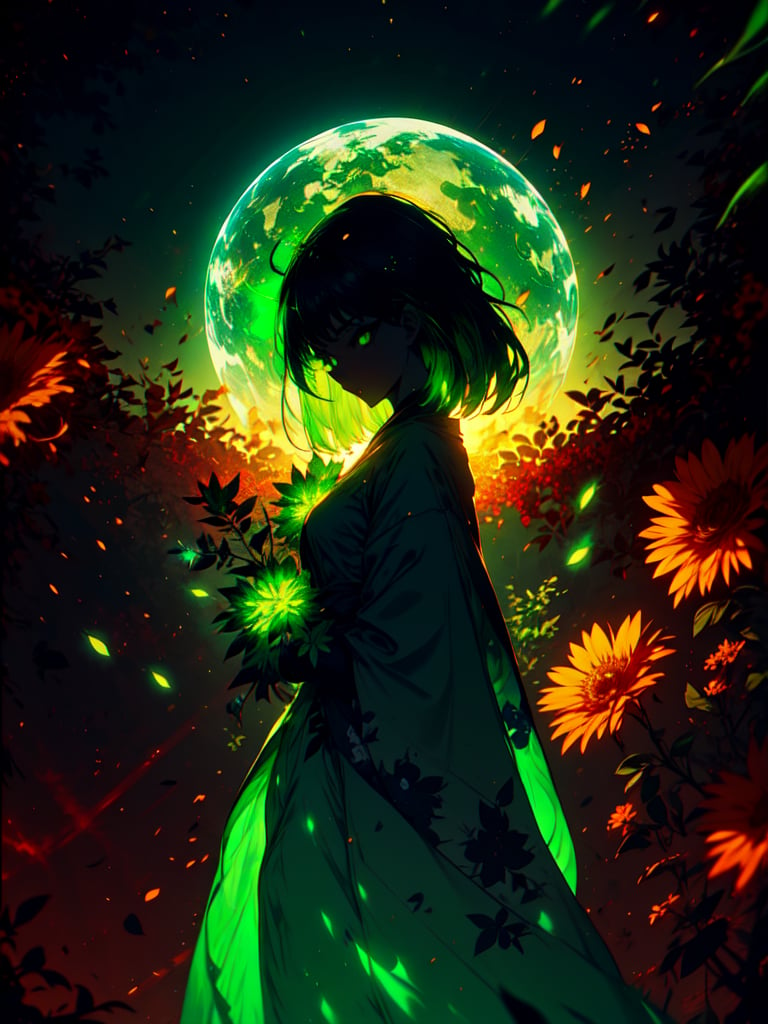 The Gaia spirit, solo, divine presence, undefined aspect, long hair, bright green eyes, radiant aura, welcoming the new Spirits, harmonious and full of love atmosphere, full earth planet background, flowers and leaves at the edge, SILHOUETTE LIGHT PARTICLES