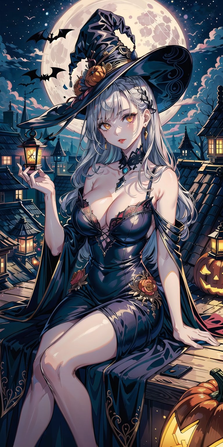 (1 stunning beautiful witch, solo, long silver hair, bright golden eyes, red lips, wearing a detailed black dress with rfiligree design, large breasts, cleavage, sitting at the edge of a roof,  center position, full moon background, lantern-pumpkins decoration, bats flying around 