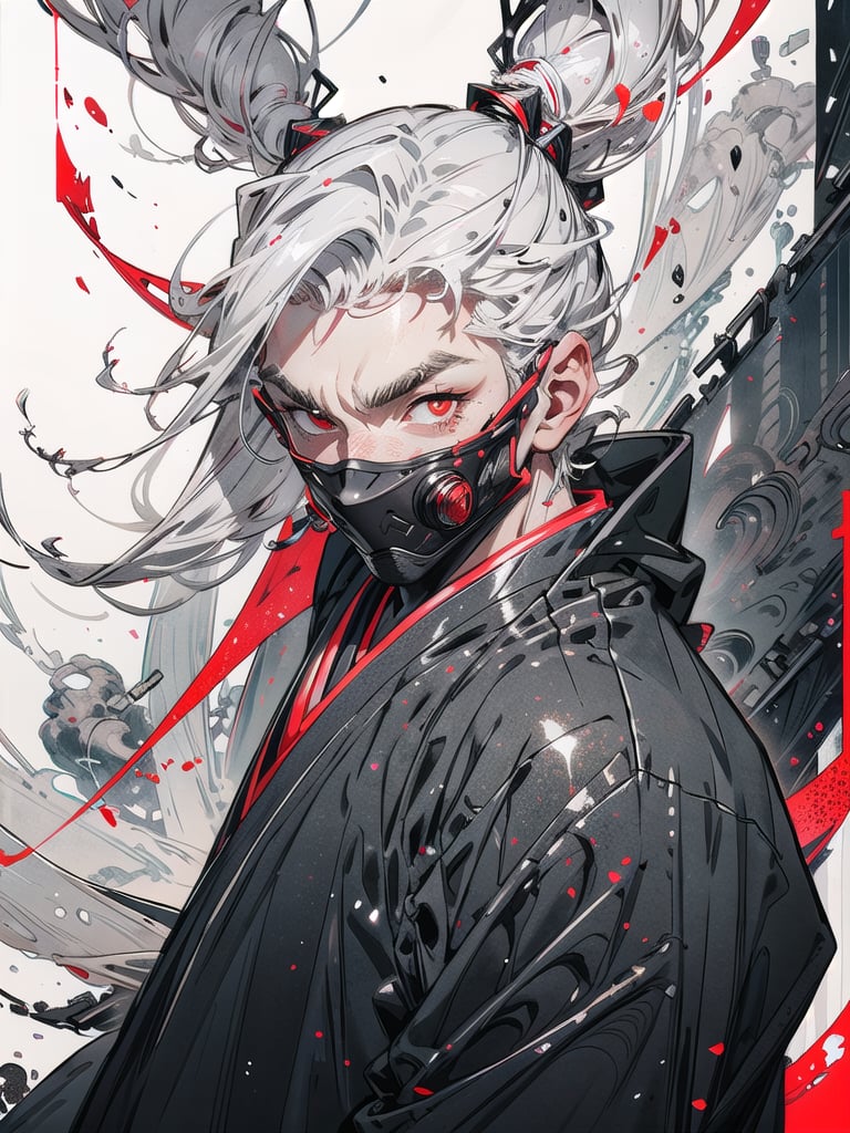 Glittering Portrait, 1 foggy ninja male style, solo, bright red eyes, black ninja clothes, fully covered face, glitter silver perimeter, fully red-white glitter background effect, detailed glittering effect, r1ge, strong aura, close-up upper body