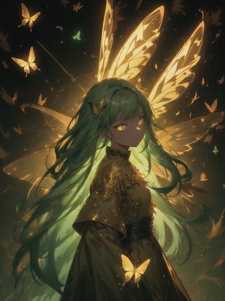 1 fairy girl, ornamented long green hair, bright golden eyes, green leaf style clothes with golden filigree decoration, glittering cosmo style butterfly wings, minimalistic background, r1ge, close-up, center position,	 SILHOUETTE LIGHT PARTICLES