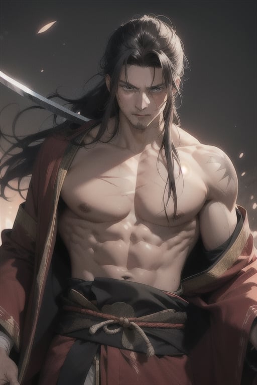 pretty man with 25 years with a big glowing black katana sword samurai
 with ancient japanese red robe samurai
long hair. 
nasty scars on chest from katana fight