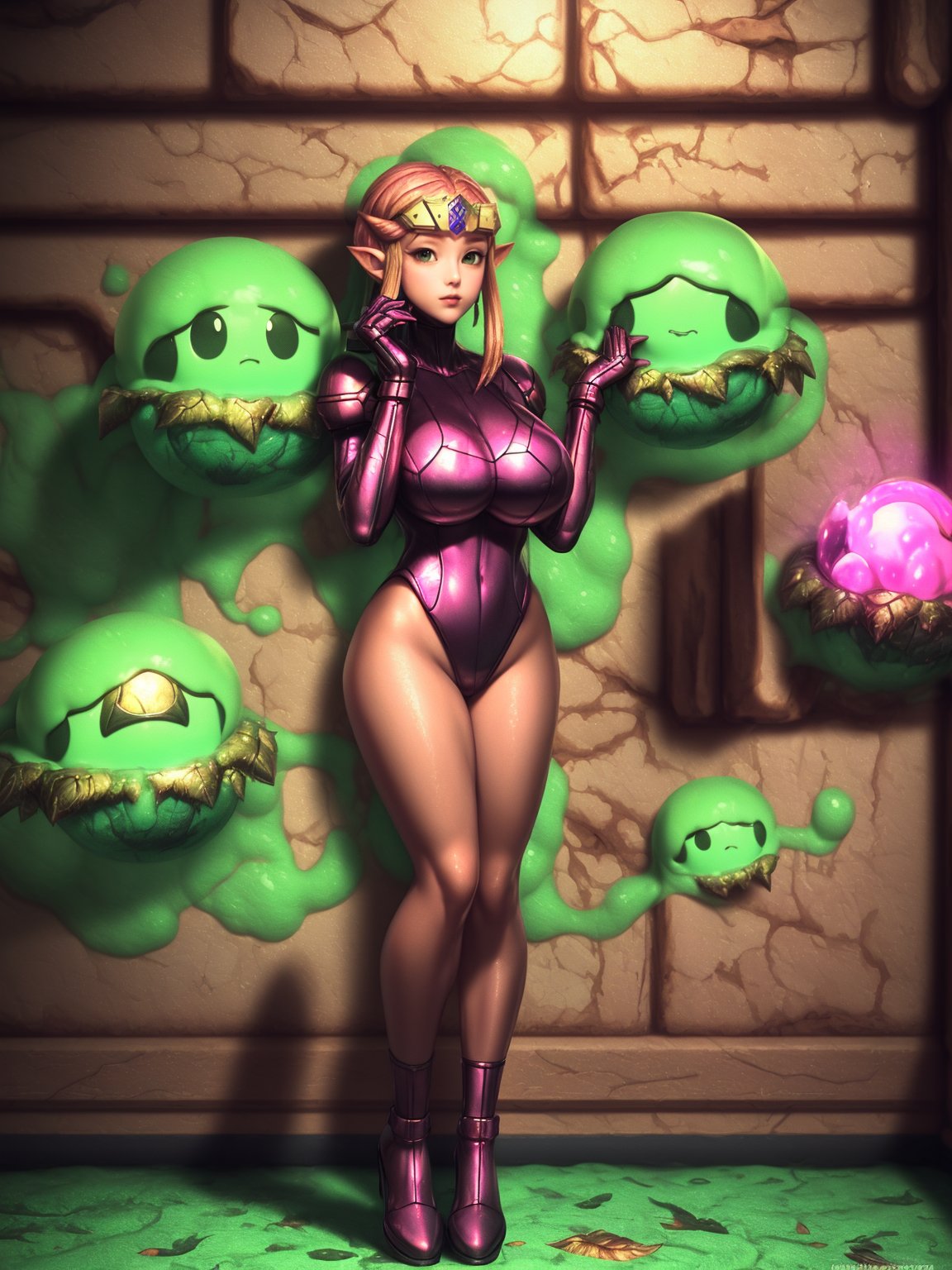 ((full body):1.5), {((Princess Zelda))}, is wearing {((wearing Samus Aran's costume))}, {(((she has very short pink hair, green eyes))), she has ((extremely gigantic breasts))}, she is looking at the viewer, {((feather squeezing))}, ((she is doing erotic poses))}, {Background: (((in an alien dungeon with several slimes on the floor and walls)))}, ((Super Metroid):1.2), 16k, high quality, high detail, UHD,