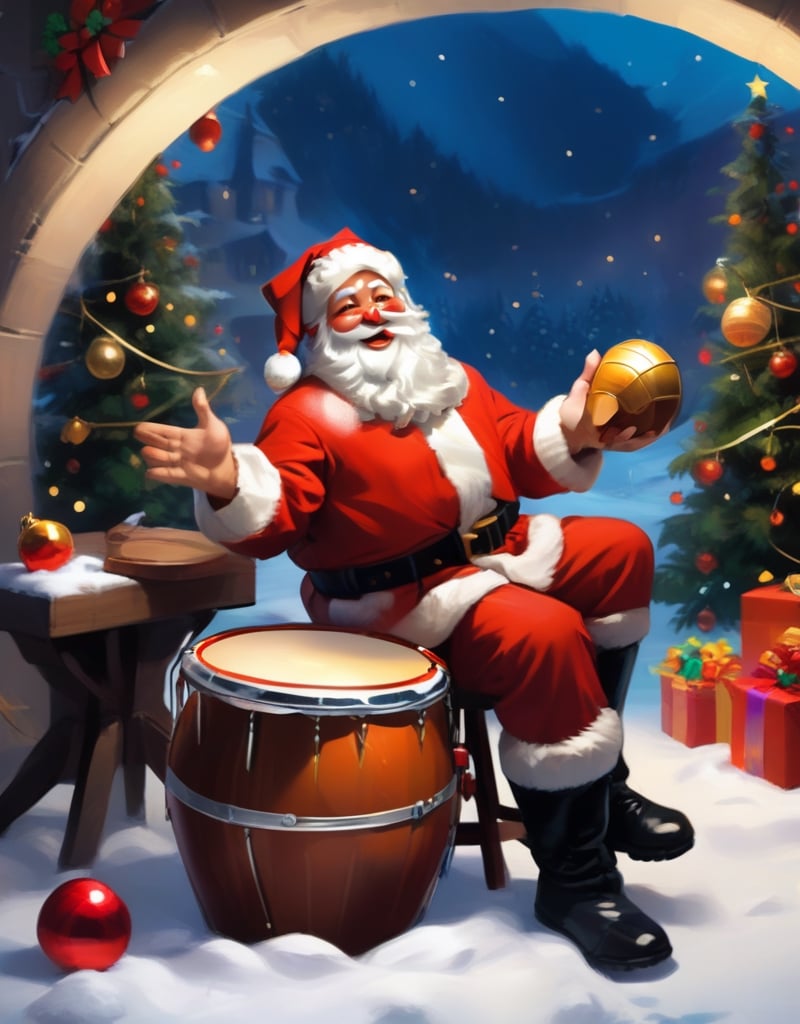 Masterpiece in maximum 16K resolution, with an animated and festive style, highlighting Santa Claus's joy. | In a lively and festive scene, Santa Claus is at the North Pole, energetically playing the drums. Dressed in his iconic red and white suit, he stands out amidst gently falling snowflakes. Santa is surrounded by colorful gifts and a decorated Christmas tree. He skillfully holds the drumsticks, delivering a musical performance full of energy and joy. | The composition is dynamic, capturing the movement of the drumsticks and Santa's animated expression. The lighting accentuates the Christmas scene with vibrant and bright tones. | Festive scene of Santa Claus, dressed accordingly, enthusiastically playing the drums at the North Pole. | {The camera is positioned very close to him, revealing his entire body as he adopts a dynamic pose, interacting with and leaning on a structure in the scene in an exciting way} | ((perfect_pose)), He is adopting a ((dynamic_pose as interacts, boldly leaning on a structure, leaning back in an exciting way):1.3), ((full body)), (perfect_fingers:1.0), (perfect_legs:1.0), More_Detail, better_hands.