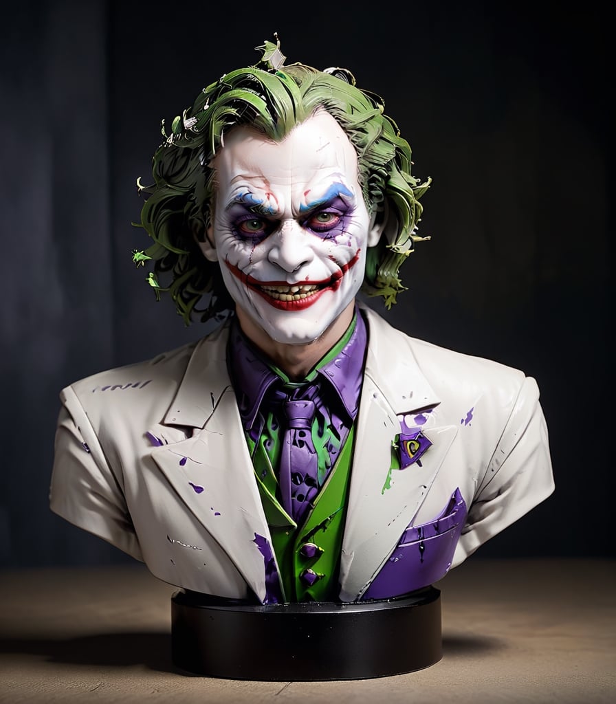 Masterpiece in maximum resolution, showcasing an ultra-realistic bust of the Joker, immortalizing the chaotic and iconic essence of the character. | On an elegant pedestal, the Joker's bust emerges with extraordinary fidelity. Every wrinkle, scar, and detail of the Joker's makeup is reproduced with precision, capturing his unique madness and defiant personality. The enigmatic expression of the Joker is accentuated, revealing a penetrating gaze and a sinister smile. | The composition is captured in a medium shot, allowing the observer to appreciate every detail of the bust. The chosen angle enhances the Joker's striking expression, creating a commanding presence in the room. | Strategic lighting effects highlight deep shadows, accentuating the dark and theatrical atmosphere of the character. The contrast between light and shadow reveals the nuances of the skin and adds a unique three-dimensional quality to the bust. | Extraordinary scene: Ultra-realistic bust of the Joker, immortalizing the chaotic intensity of the character. On an elegant pedestal, the sculpture offers a glimpse into the disturbing mind of the Joker, inviting the observer to explore each meticulously reproduced detail.