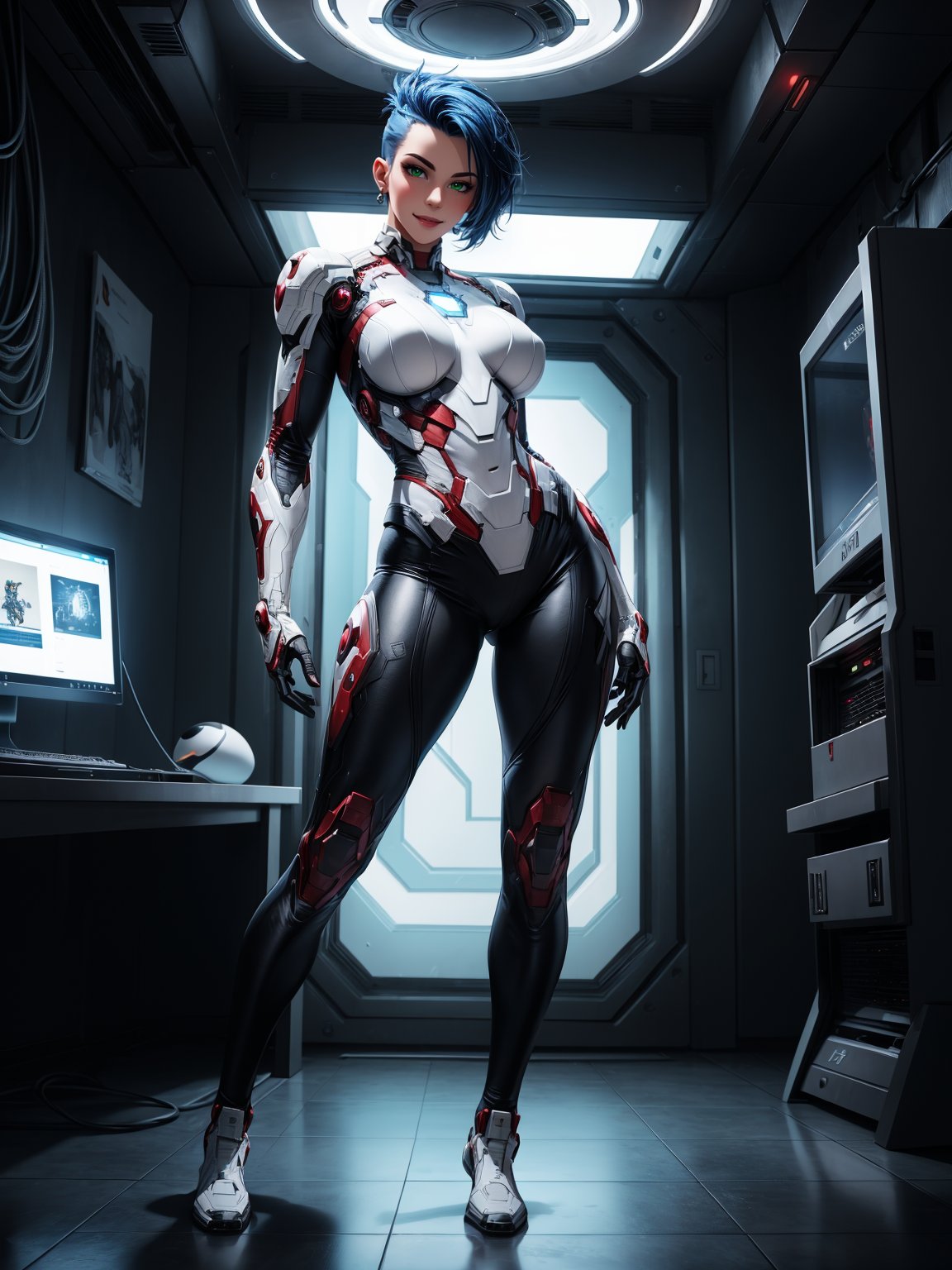 A woman,  wearing white heroine costume + iron man costume,  all black with white parts by Yamato on Tensor.Art